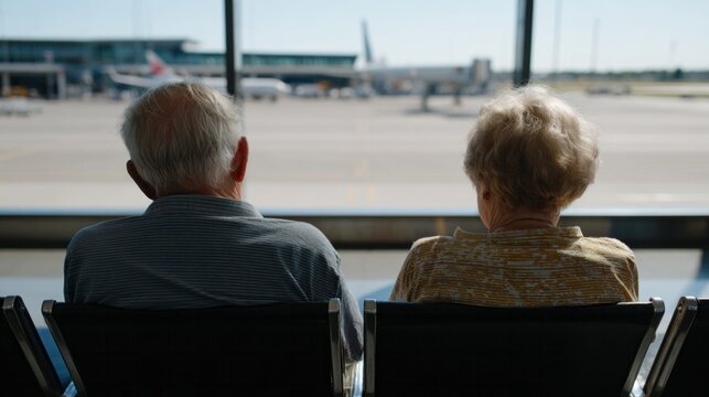 Elderly couple gazes over bustling runway, silver-haired wanderlust ignited, journey to celebrate World Tourism Day and Grandparents' Day