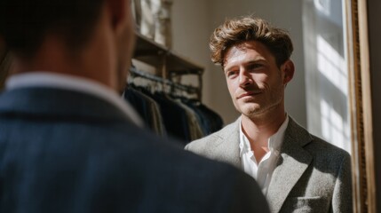 Obraz premium A contemplative Caucasian man in a sunlit suit, reflecting identity and self-discovery, mirrors the serenity of Hygge