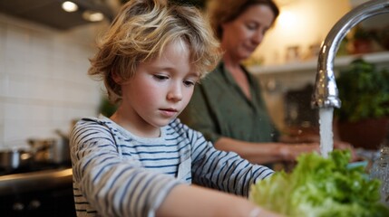 Child's hands dance in kitchen Atlantis, washing lettuce leaves; Imbolc anticipation, flourishing plant guardianship, spring festival whispers