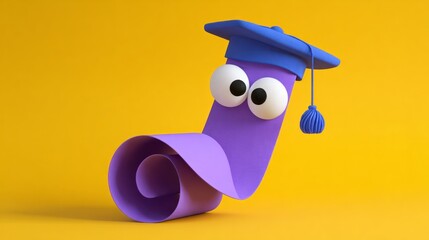 Purple diploma with googly eyes and blue cap, celebrating Quirky Graduation Day, a whimsical embrace of intellectual oddities