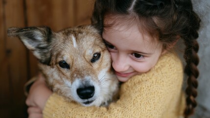 A young Caucasian girl embraces her loyal canine amidst cozy autumn hues, celebrating National Pet Day's heartwarming companionship