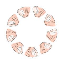 Scallop seashell wreath in flat style. Shell underwater design for seafood restaurant isolated on a white background.