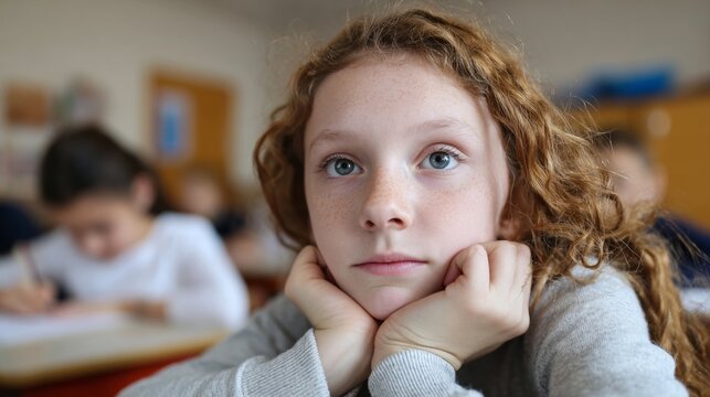 Dreamy young girl with auburn curls daydreams in classroom, echoing National Day of Unplugging, whimsical educational wonderment