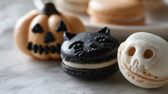 Spooky macarons shaped like grinning pumpkins and feline phantasms conjure Halloween, Samhain, with frosty gothic elegance