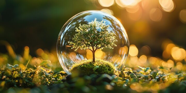 A small tree growing inside a transparent bubble, surrounded by green foliage, with a golden sunset in the background.