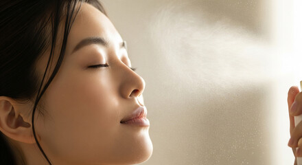 Asian woman with smooth glowing skin sprays hydrating facial mist or micellar toner , eyes closed in relaxation, feeling freshness and moisture in warm natural light.