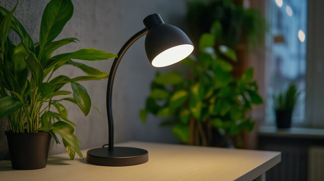 Cozy table lamp glow highlights serene indoor jungle, evoking tranquility of Forest Bathing Day and the Hygge lifestyle