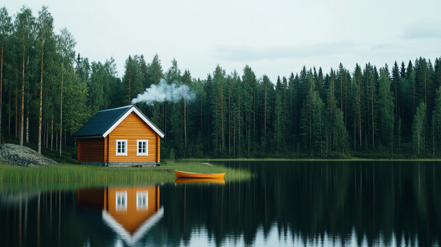 Cozy orange cabin smoking chimneys under Nordic twilight, reflective serenity evokes Juhannus and Hygge, whispering pine symphony