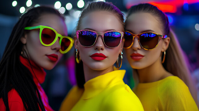 Urban nocturnal symphony with vibrant sunglasses, neon hues, Euro-American females, Cyber Monday backdrop, and fleeting Luminalia whispers