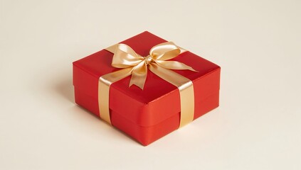 Crimson package wrapped with a shiny golden ribbon in a stylish bow. Festive present idea.