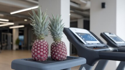 Twin pineapples perched cheekily on gym treadmill, blending fitness with the quirk of Tropical Fruit Day celebration