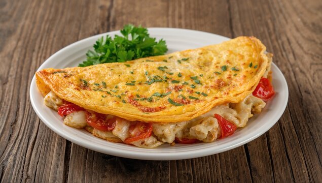 Stuffed omelette placed on a rustic wooden surface, fiber-dense choice