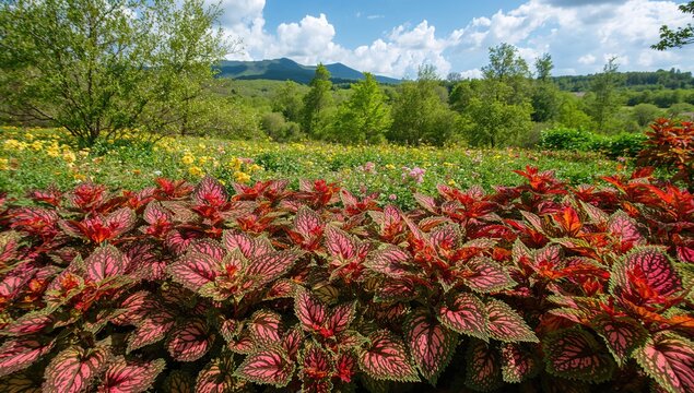Vibrant red coleus thriving under bright sunlight in a blooming garden