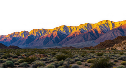 Dramatic sunset light illuminates the rugged peaks of a mountain range in a desert landscape isolated on transparent background