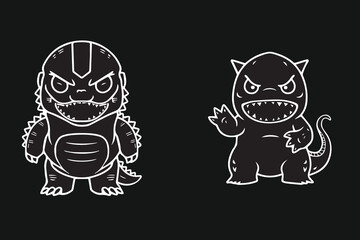 Cute cartoon kaiju monsters outline drawing on a black canvas fun anime style characters ready for your next project
