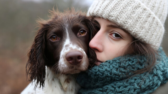 Cozy, woolen embrace of companionship; a Caucasian woman and her wet-nosed companion celebrate Hug Your Hound Day