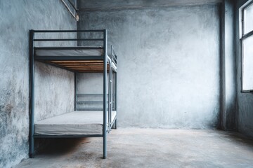 Minimalist metal bunk bed occupies corner of stark industrial room with rough concrete surfaces