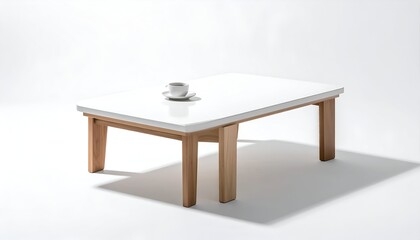Rectangular coffee table with white top, wood legs, and small coffee cup on top