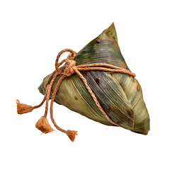 Traditional chinese zongzi rice dumpling tied with twine on a dark surface