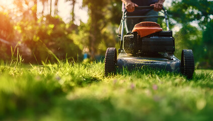 Fototapeta premium A person mowing a lush green lawn with a manual lawn mower, surrounded by vibrant nature and warm sunlight.