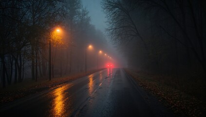 A dimly lit asphalt road surrounded by trees and village in fog on a rainy autumn day, highlighting poor visibility conditions