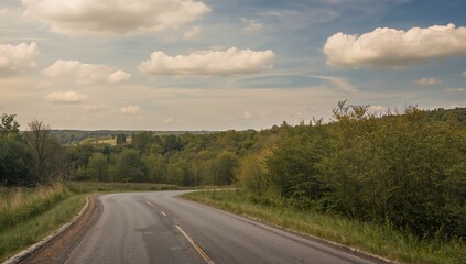 Fototapeta premium Winding rural road surrounded by forest, seasonal change