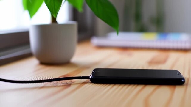 A black smartphone plugged in on a wooden desk, near a plant. A notebook is blurred in the background
