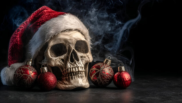 A festive skull wearing a Santa hat surrounded by Christmas ornaments, blending themes of holiday cheer and mystery.
