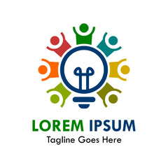 bold Colorful abstract people circle a bright light bulb. Logo for teamwork, community ideas, innovation, and creative collaboration. Vector symbol.