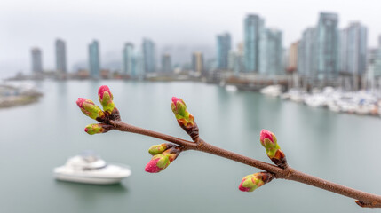 Blossoms unfurl against a misty skyline's embrace, echoing Hanami's fleeting beauty and urban spring's gentle whisper
