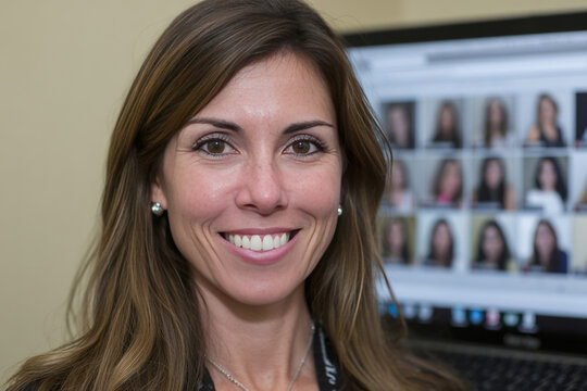 Professional Latina woman exudes confidence amidst digital backdrop, evoking World Digital Preservation Day and International Women's Day