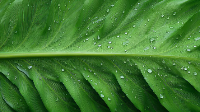 Tropical leaf cradling dew drops under veiled morning light, evoking Earth Day whispers and Solstice green renewal vitality