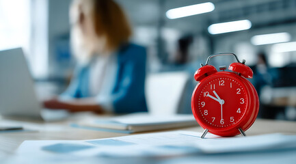 A close-up of a red alarm clock on a desk, symbolizing time management in a busy office environment.