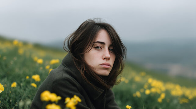 Melancholic Caucasian woman amid blooming dandelions, capturing serene isolation on World Poetry Day, exuding lyrical solitude