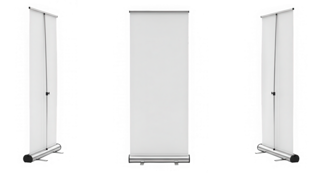 Three views of a blank white roll up banner stand, isolated on transparent background