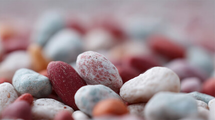 Colorful pebble assortment resembling confectionery stones, inspiring nature's candy themes, ideal for National Skipping Day or World Rock Day