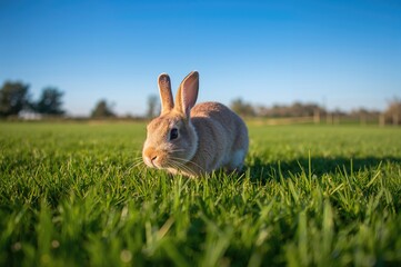 Obraz premium Rabbit Feeding in a Lush Meadow on a Farm. Premium Photograph