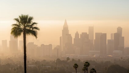 Downtown skyline enveloped in morning fog, emphasizing urban density, California theme