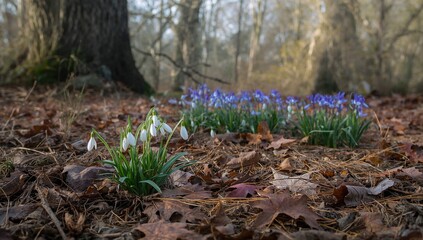 Obraz premium First signs of spring with snowdrop and scilla emerging from dry foliage, seasonal change