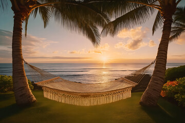 Relax in a cozy hammock surrounded by palm trees as the sun sets over the ocean, creating a perfect getaway.