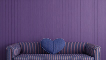 Furniture for a minimalist living area, heart-shaped cushion on a blue-and-red striped couch, editorial header background