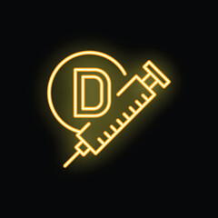 Glowing neon icon of a syringe injecting vitamin d into a circle, representing the concept of vitamin supplementation