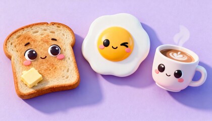 Happy Morning Meal Cute 3D Render of Anthropomorphic Toast, Sunny-Side-Up Egg, and Coffee Characters on Pastel Background.