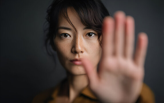 A determined woman holds her hand up, symbolizing strength and self-assertion against challenges and adversity.