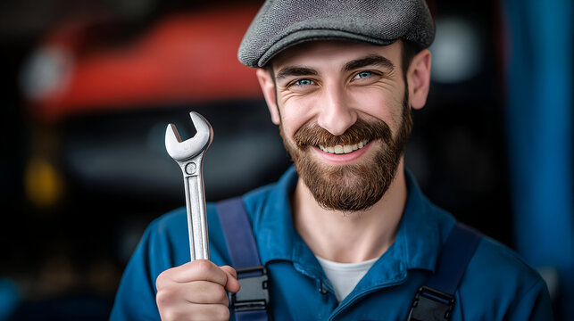 A smiling mechanic in a blue uniform holds a wrench, showcasing pride in his work and the automotive industry.