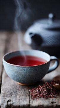 Steaming hibiscus tea in rustic cup, tea master's tranquil moment, Zamenhof Day celebration, sensory aroma dance