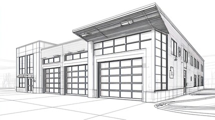 Fototapeta premium Architectural sketch of modern building with garage doors and geometric design