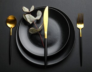 Overhead view of a formal table setting with black plates and gold cutlery