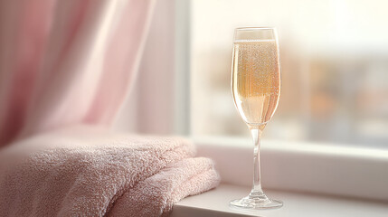 Elegant champagne glass on a windowsill, capturing a cozy atmosphere and soft light for a relaxing moment.