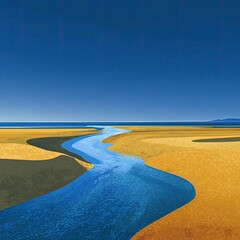 Abstract Digital Painting Of A Winding River Through Golden Sand